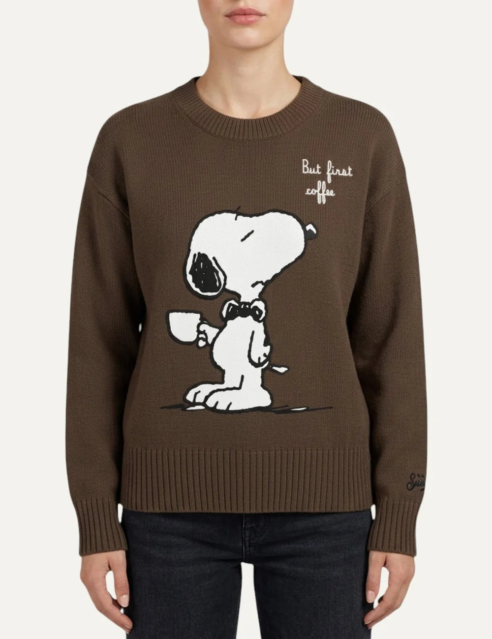 Mc2 Saint Barth brown wool cashmere sweater with Snoopy holding a coffee cup, But First Coffee lettering and ribbed trims model