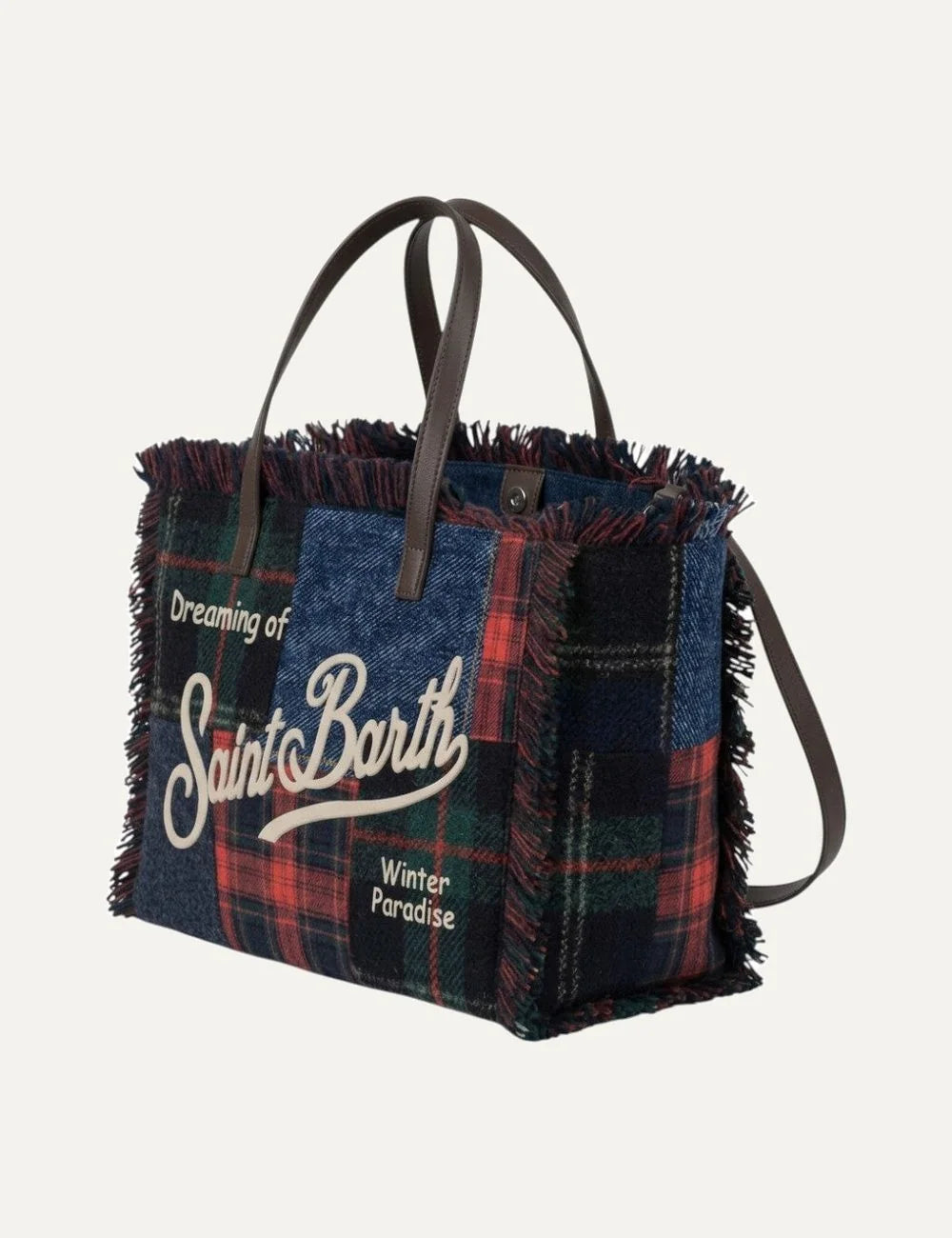 Women's MC2 Saint Barth Colette shopper bag in multicolor tartan patchwork with fringed edges, embroidered Dreaming of Saint Barth lettering, double handles and removable shoulder strap side