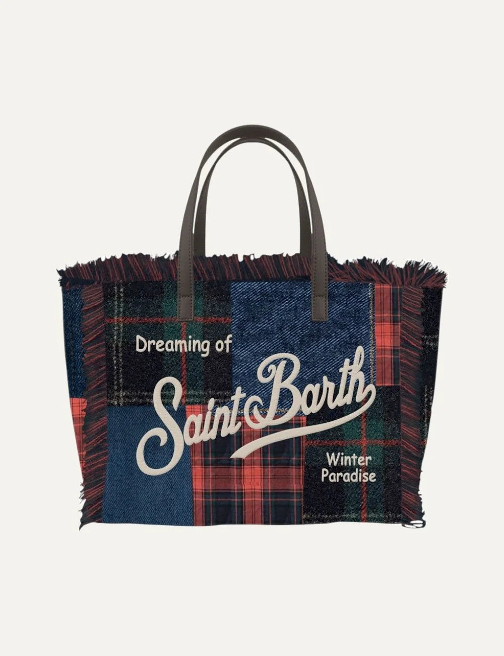 Women's MC2 Saint Barth Colette shopper bag in multicolor tartan patchwork with fringed edges, embroidered Dreaming of Saint Barth lettering, double handles and removable shoulder strap