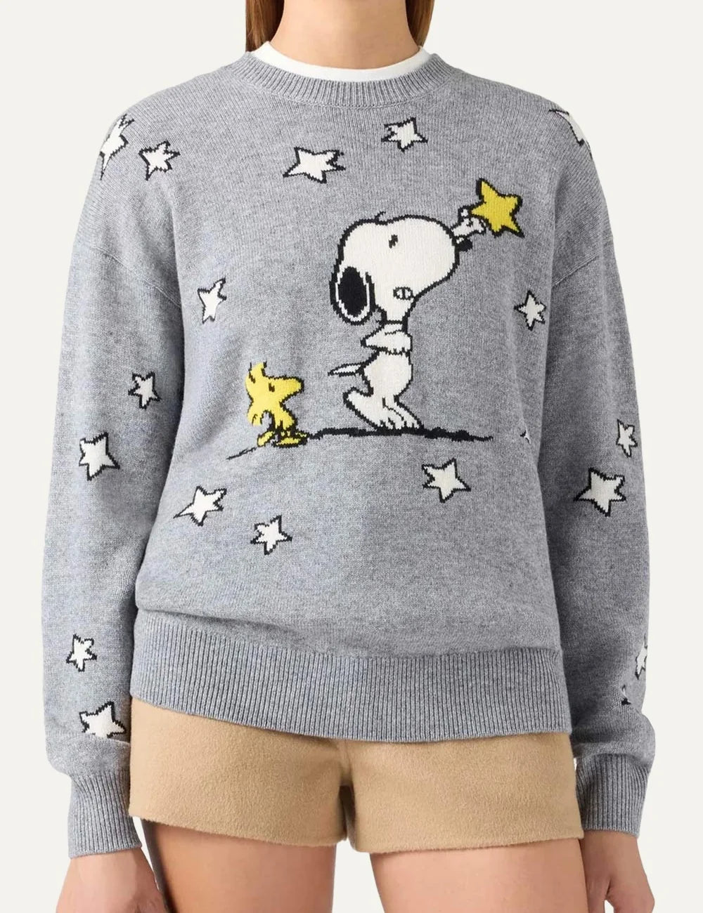 Mc2 Saint Barth grey knitted sweater with Snoopy, Woodstock, yellow and white stars, crew neck and ribbed trims model