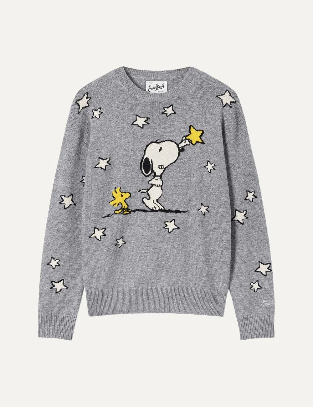 Mc2 Saint Barth grey knitted sweater with Snoopy, Woodstock, yellow and white stars, crew neck and ribbed trims