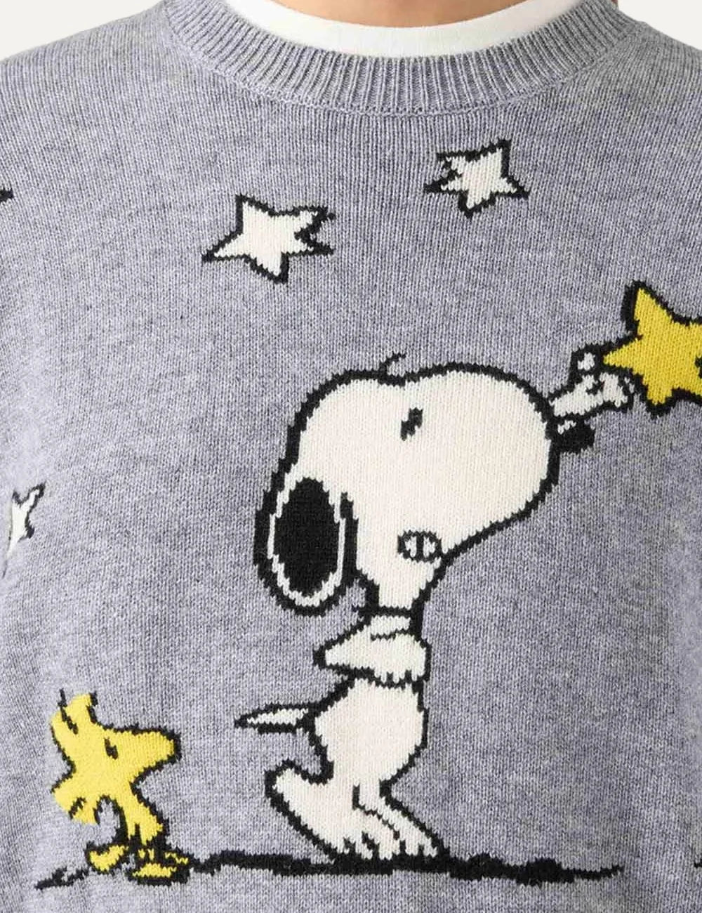 Mc2 Saint Barth grey knitted sweater with Snoopy, Woodstock, yellow and white stars, crew neck and ribbed trims detail