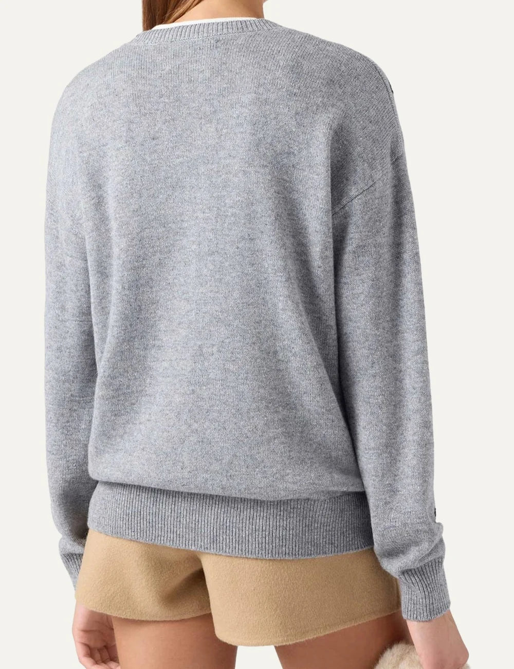 Mc2 Saint Barth grey knitted sweater with Snoopy, Woodstock, yellow and white stars, crew neck and ribbed trims back