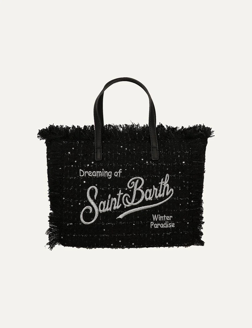 Women's MC2 Saint Barth Mini bag in black textured fabric with sequins, fringed edges, embroidered Dreaming of Saint Barth lettering and double handles