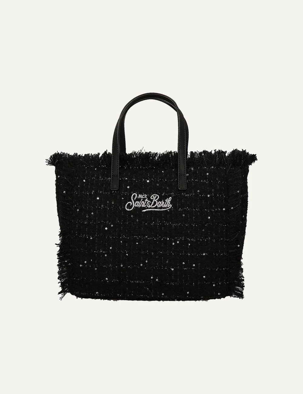 Women's MC2 Saint Barth Mini bag in black textured fabric with sequins, fringed edges, embroidered Dreaming of Saint Barth lettering and double handles back