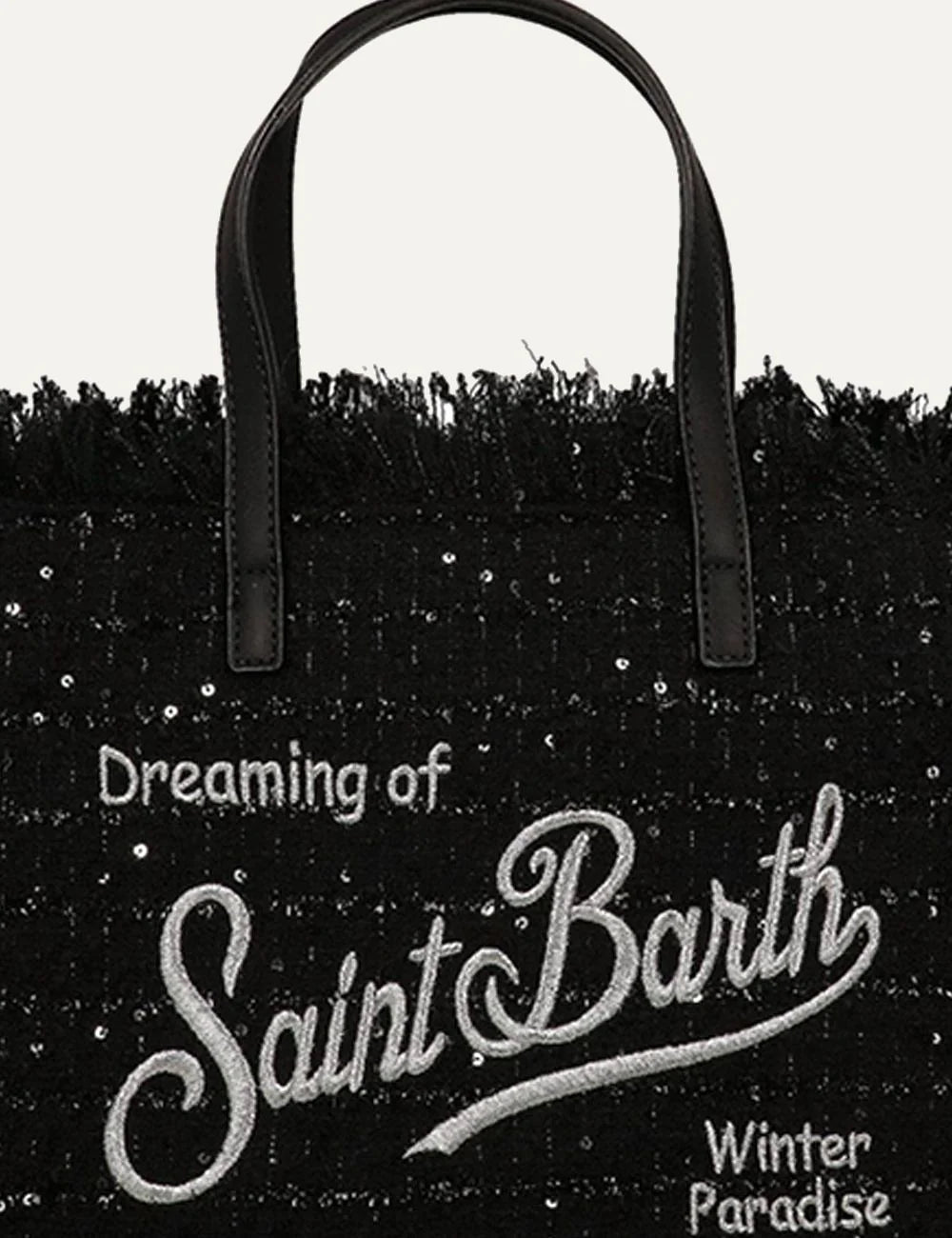 Women's MC2 Saint Barth Mini bag in black textured fabric with sequins, fringed edges, embroidered Dreaming of Saint Barth lettering and double handles detail
