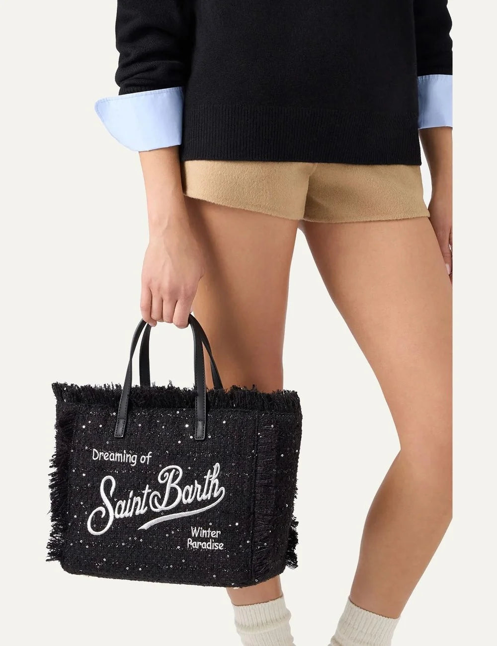 Women's MC2 Saint Barth Mini bag in black textured fabric with sequins, fringed edges, embroidered Dreaming of Saint Barth lettering and double handles model