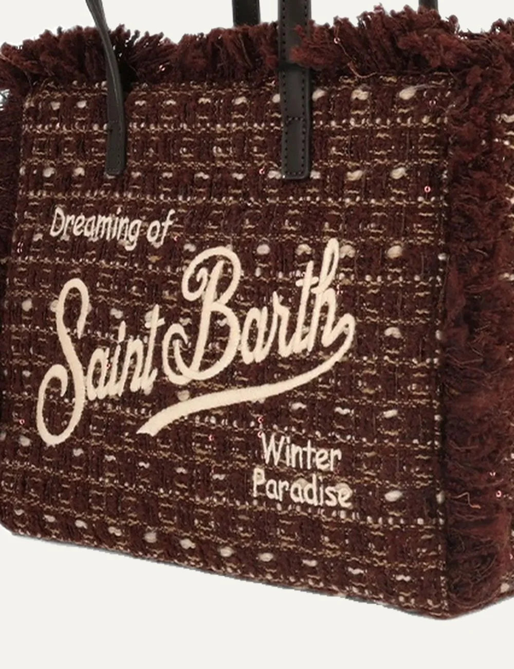 Women's MC2 Saint Barth Mini bag in brown textured fabric with subtle shimmering details, fringed edges, embroidered Dreaming of Saint Barth lettering and double handles