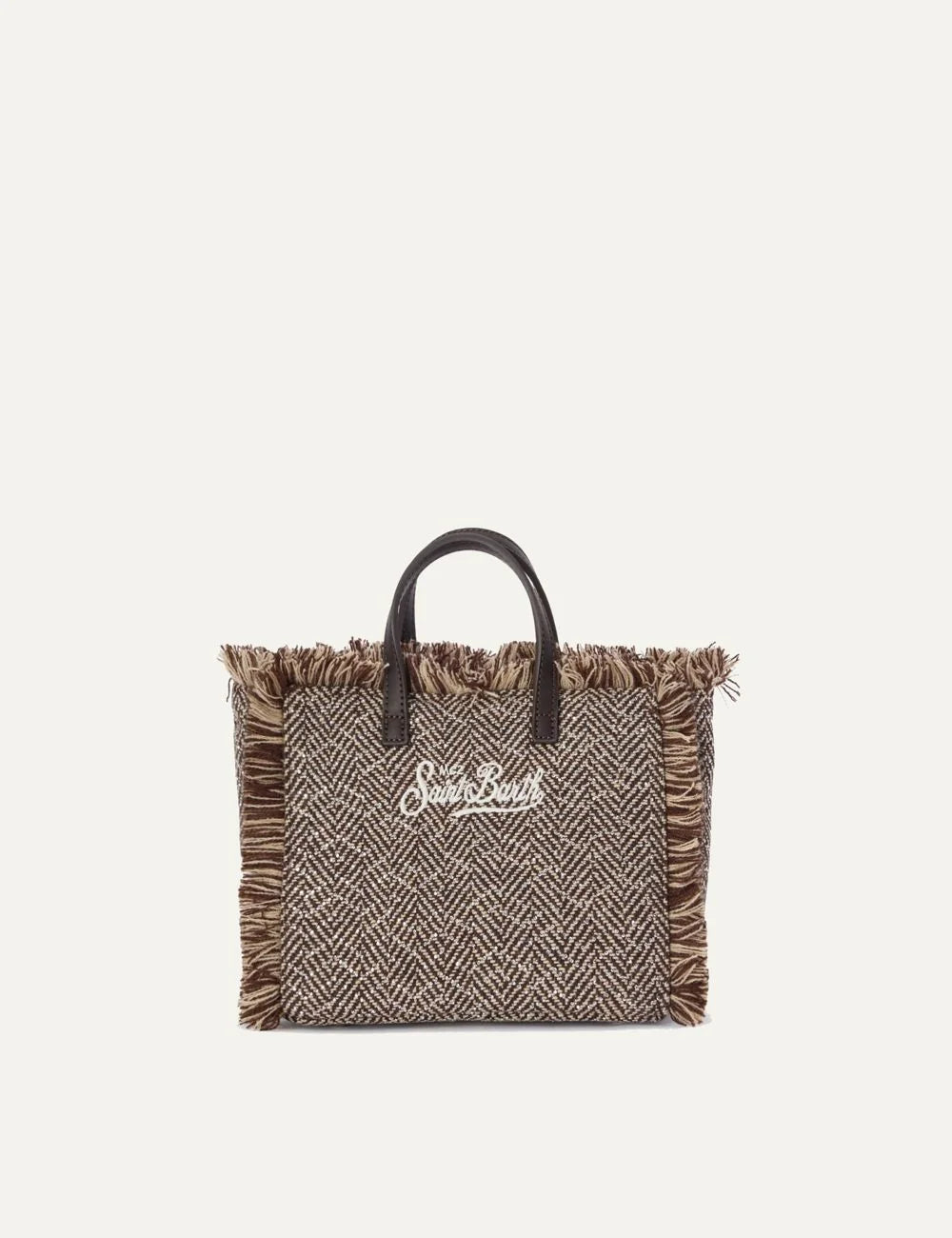 Women's MC2 Saint Barth Mini Vanity bag in brown and beige wool blend with herringbone pattern, fringed edges, Saint Barth embroidery and rhinestone details back