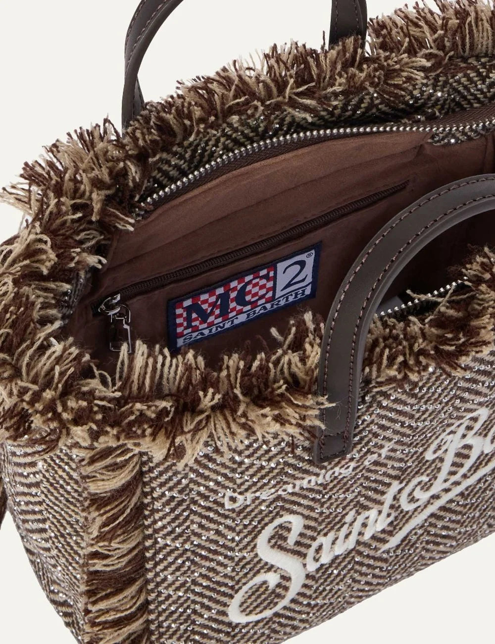 Women's MC2 Saint Barth Mini Vanity bag in brown and beige wool blend with herringbone pattern, fringed edges, Saint Barth embroidery and rhinestone details top