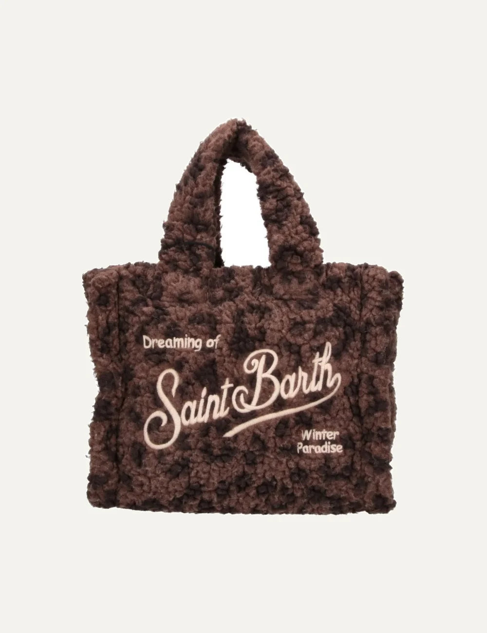 Women's MC2 Saint Barth Mini Vanity bag in brown teddy fabric with embroidered Dreaming of Saint Barth lettering, double handles and adjustable shoulder strap