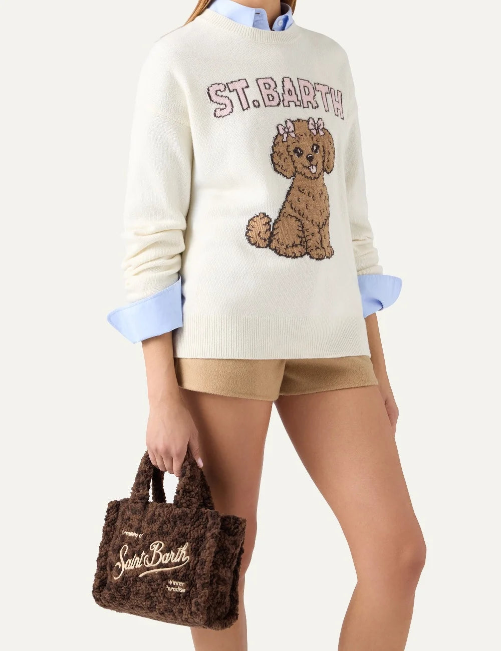 Women's MC2 Saint Barth Mini Vanity bag in brown teddy fabric with embroidered Dreaming of Saint Barth lettering, double handles and adjustable shoulder strap model