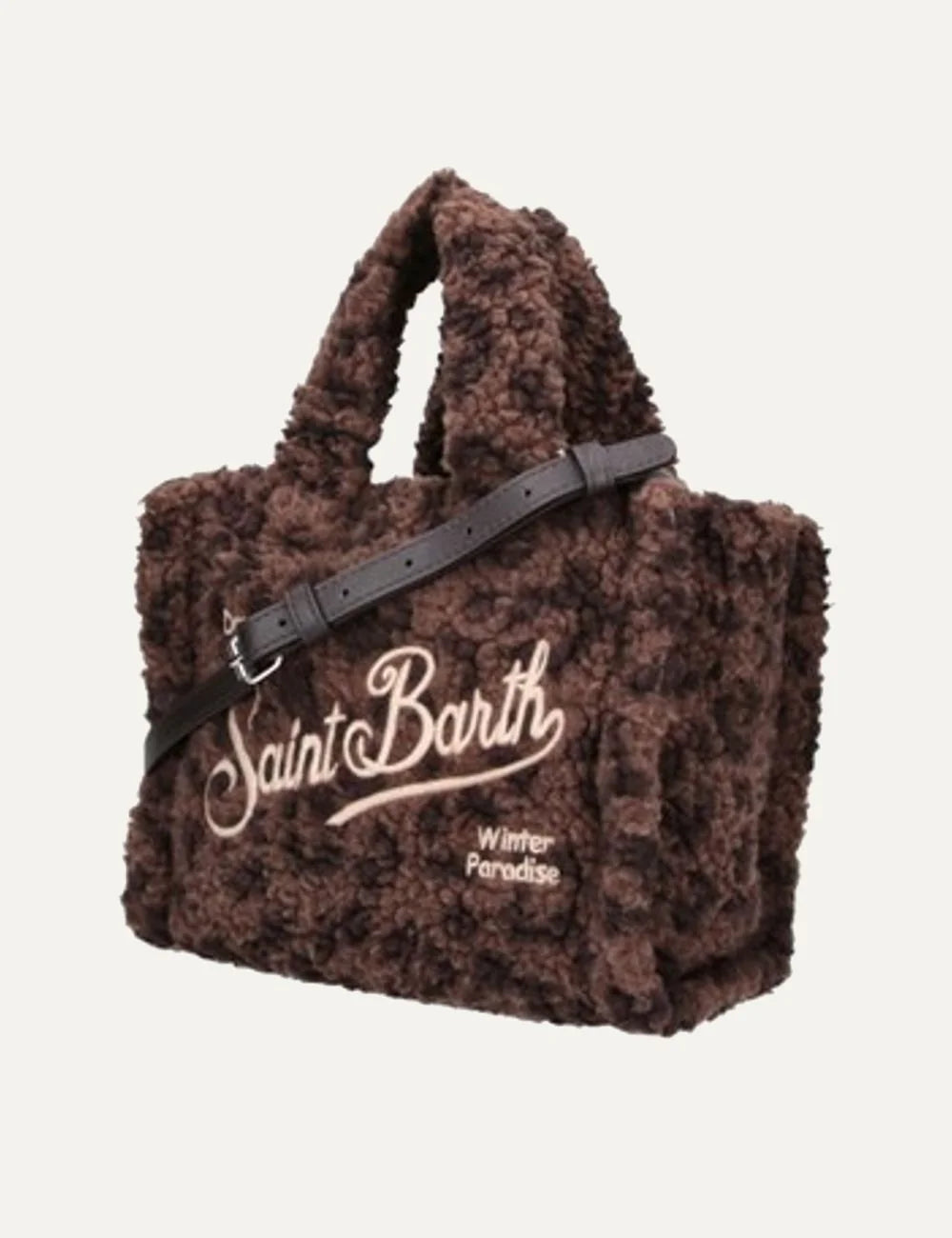 Women's MC2 Saint Barth Mini Vanity bag in brown teddy fabric with embroidered Dreaming of Saint Barth lettering, double handles and adjustable shoulder strap side