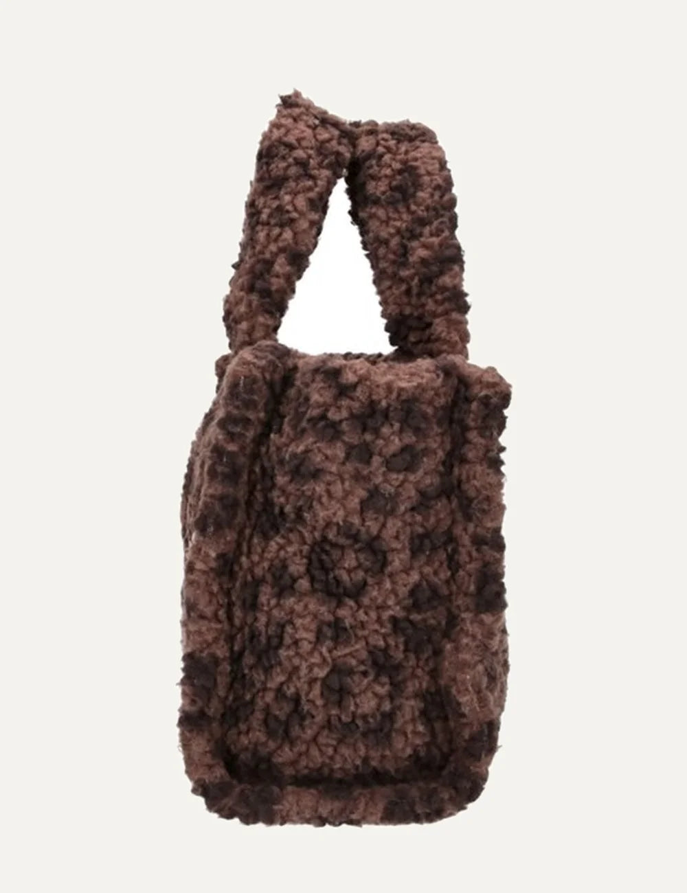 Women's MC2 Saint Barth Mini Vanity bag in brown teddy fabric with embroidered Dreaming of Saint Barth lettering, double handles and adjustable shoulder strap side