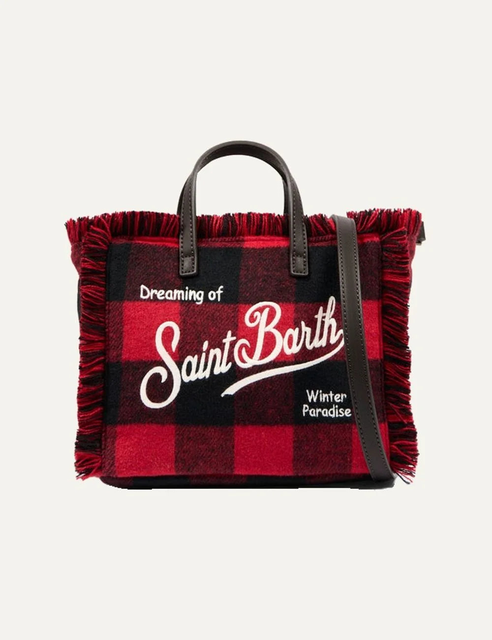 Women's MC2 Saint Barth Mini Vanity bag in red and black tartan with fringed edges, embroidered logo, double handles and shoulder strap