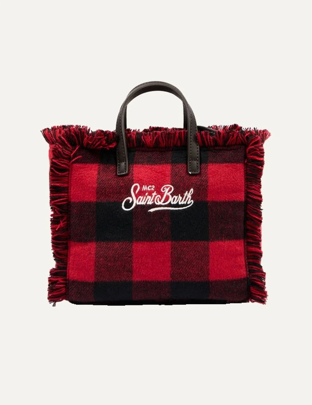 Women's MC2 Saint Barth Mini Vanity bag in red and black tartan with fringed edges, embroidered logo, double handles and shoulder strap back