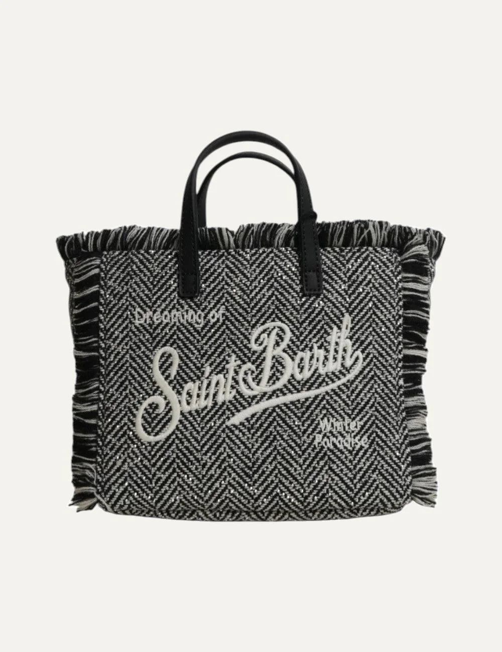 Women's MC2 Saint Barth Vanity Mini bag in black and white herringbone wool with rhinestone details, fringed edges, embroidered lettering and double handles