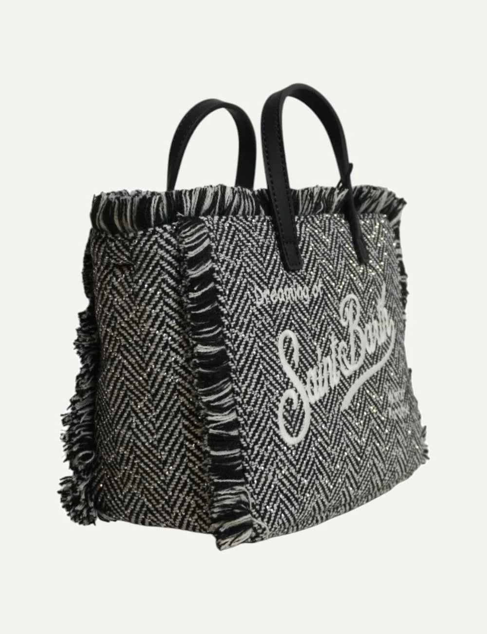 Women's MC2 Saint Barth Vanity Mini bag in black and white herringbone wool with rhinestone details, fringed edges, embroidered lettering and double handles side