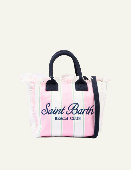 MC2 St Barth colette canvas tote pink green stripes beach club logo front view