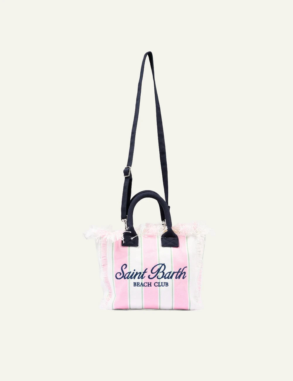 MC2 St Barth colette canvas tote pink green stripes beach club logo front detail view
