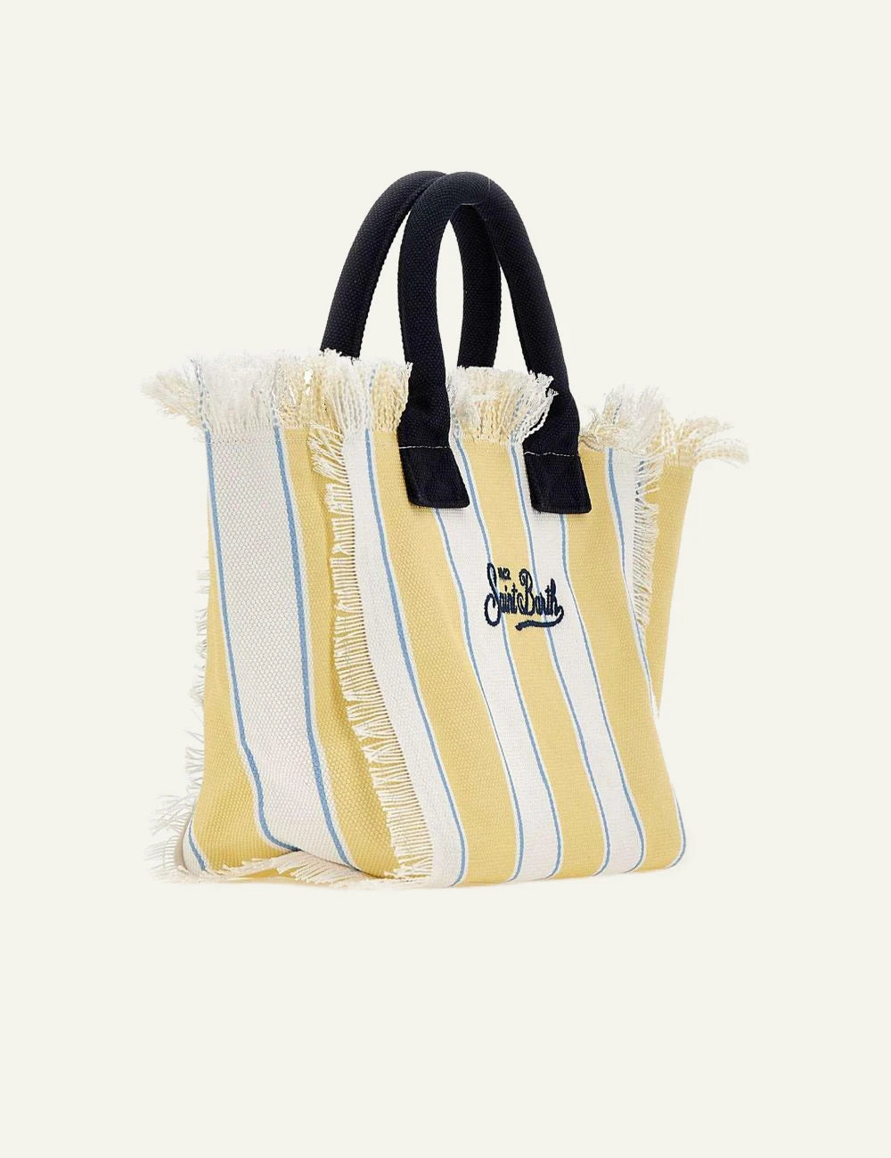 MC2 St Barth colette canvas tote striped yellow beach club logo side view