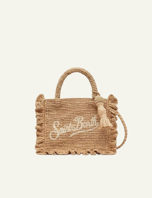 MC2 St Barth mini raffia bag natural logo embroidery front view