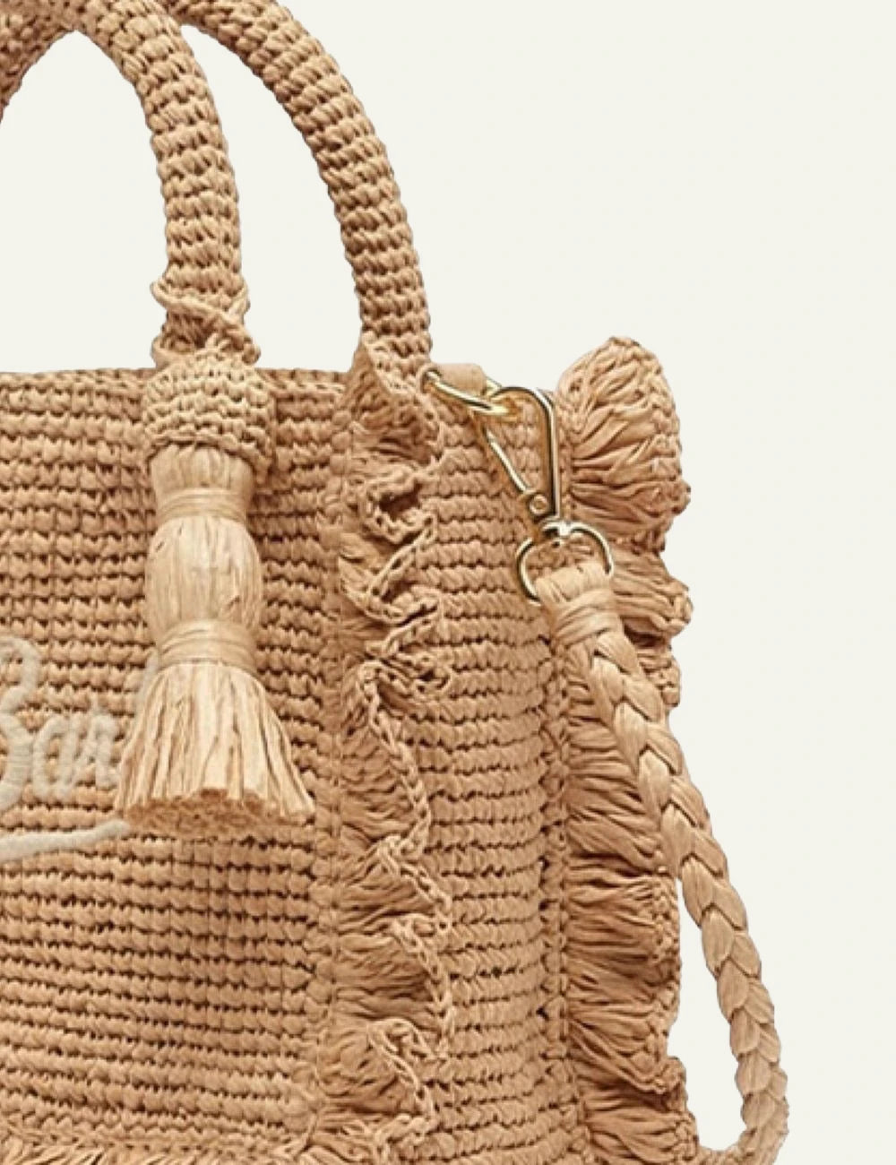 MC2 St Barth mini raffia bag natural logo embroidery front detail view