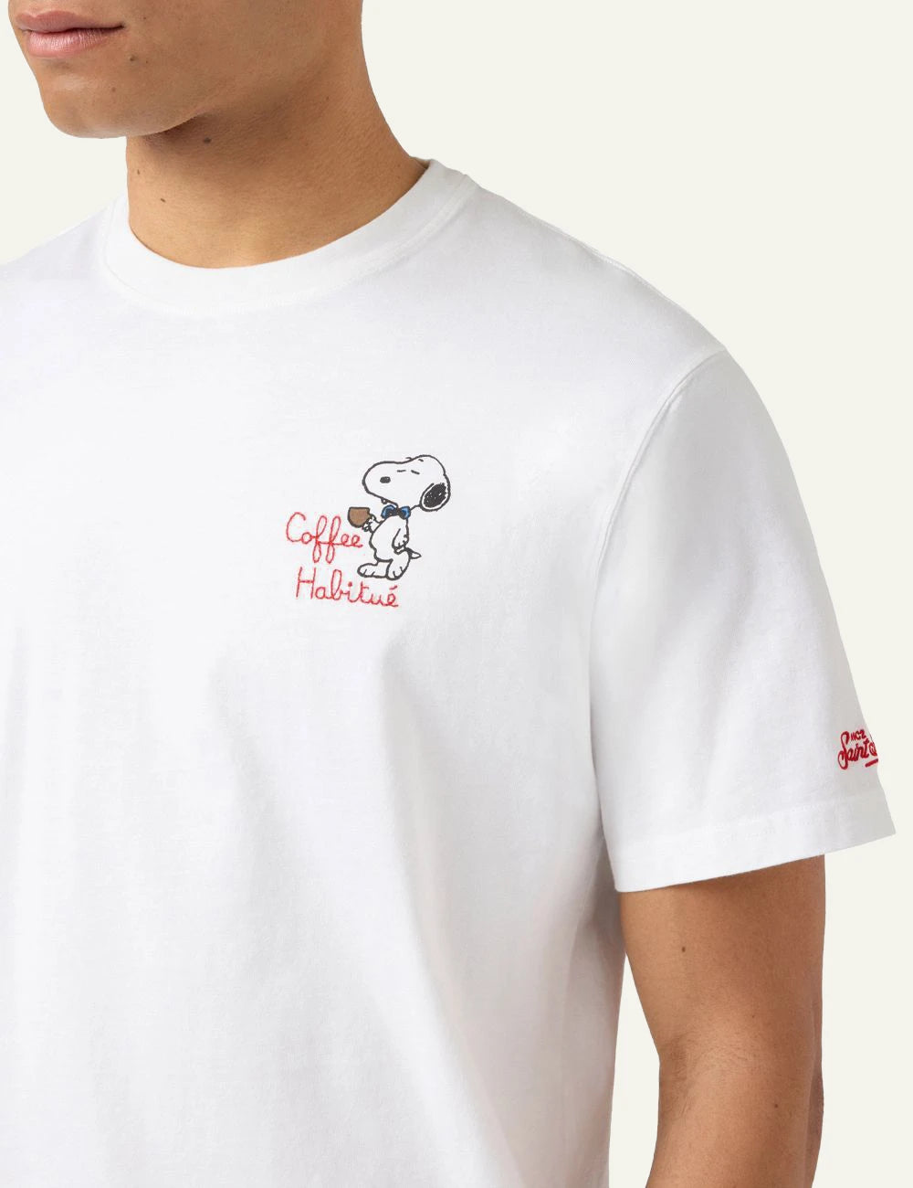 MC2 St Barth Portofino t-shirt white snoopy coffee habitue embroidery chest front logo view