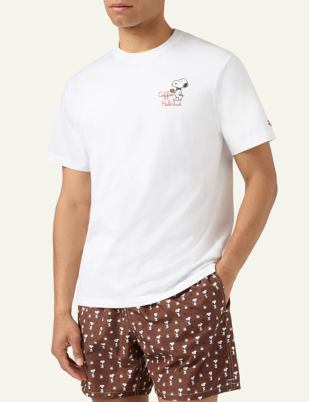MC2 St Barth Portofino t-shirt white snoopy coffee habitue embroidery chest front model view