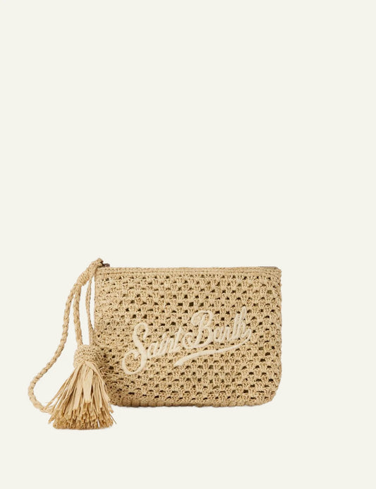 MC2 St Barth raffia pouch natural logo embroidery tassel wrist strap front view