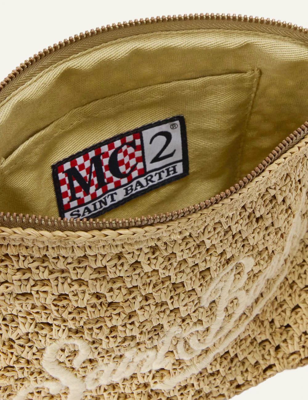 MC2 St Barth raffia pouch natural logo embroidery tassel wrist strap top view