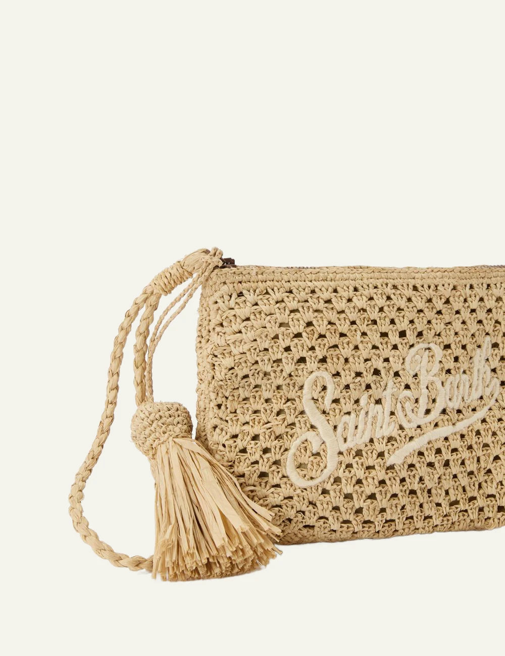 MC2 St Barth raffia pouch natural logo embroidery tassel wrist strap front detail view