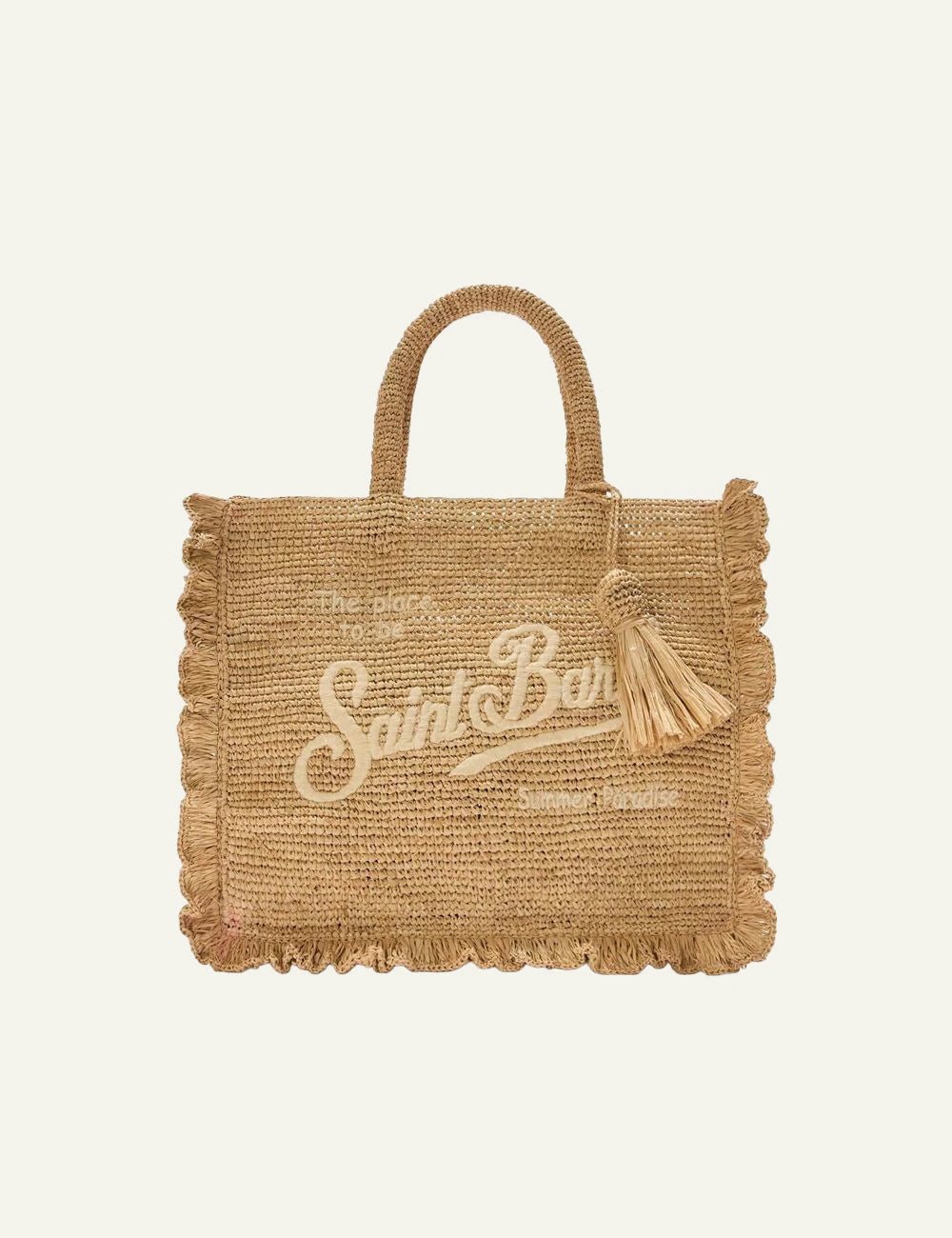 MC2 St Barth raffia tote bag natural logo embroidery tassel front view