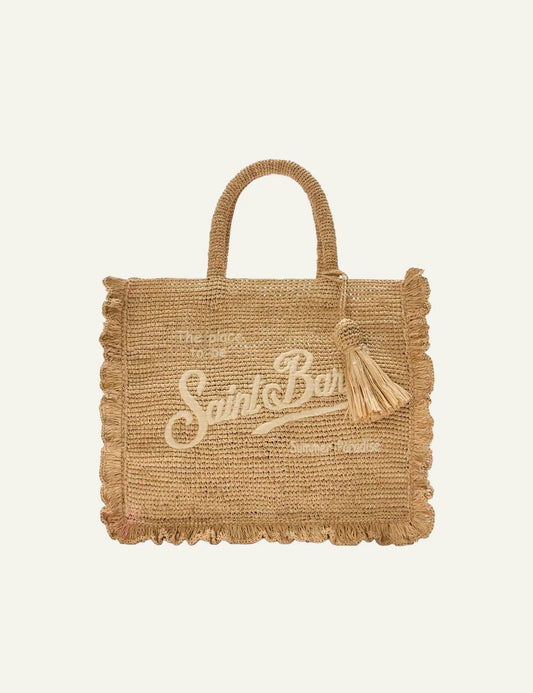 MC2 St Barth raffia tote bag natural logo embroidery tassel front view