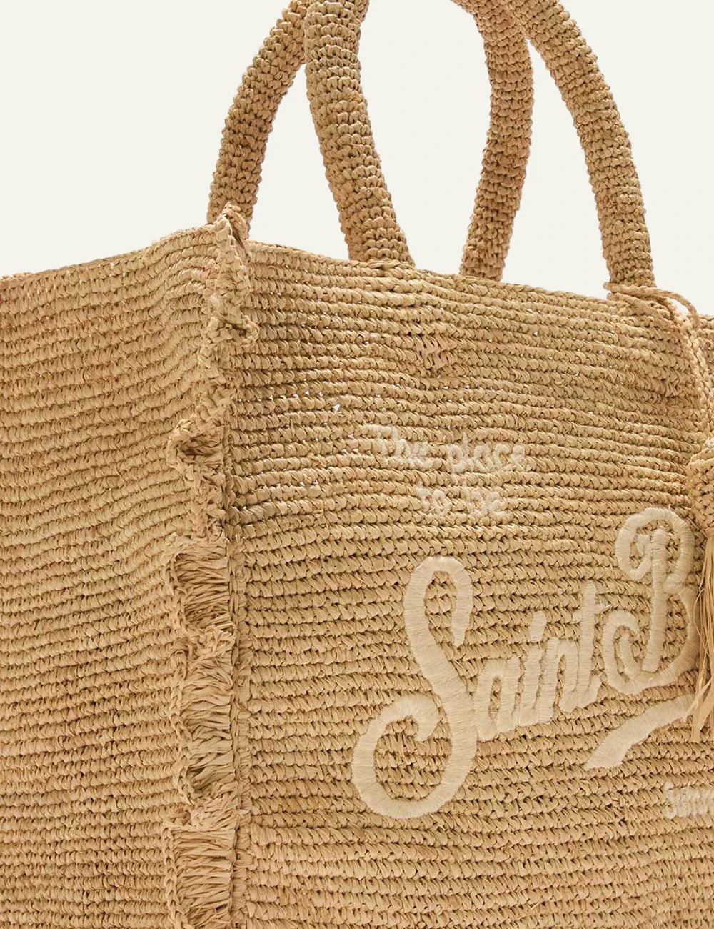 MC2 St Barth raffia tote bag natural logo embroidery tassel front detail view