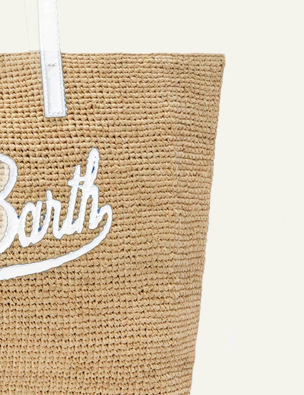 MC2 St Barth raffia tote bag natural white handles logo front detail view