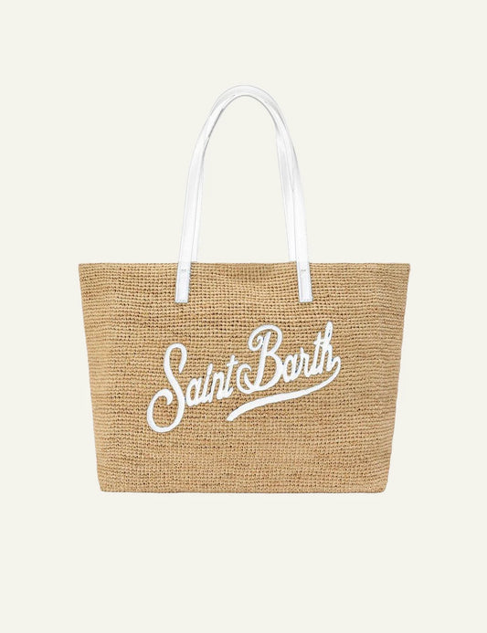 MC2 St Barth raffia tote bag natural white handles logo front view