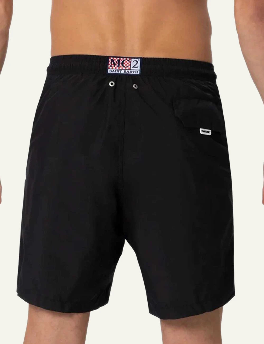 MC2 St Barth swim shorts black minimal logo patch back flat view