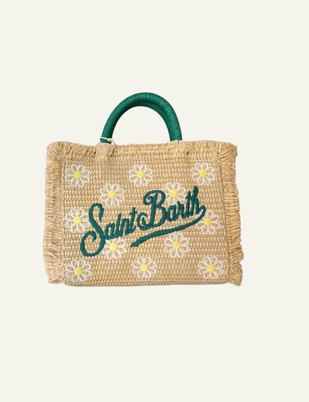 MC2 St Barth vanity mini straw bag daisy embroidery green handle front view