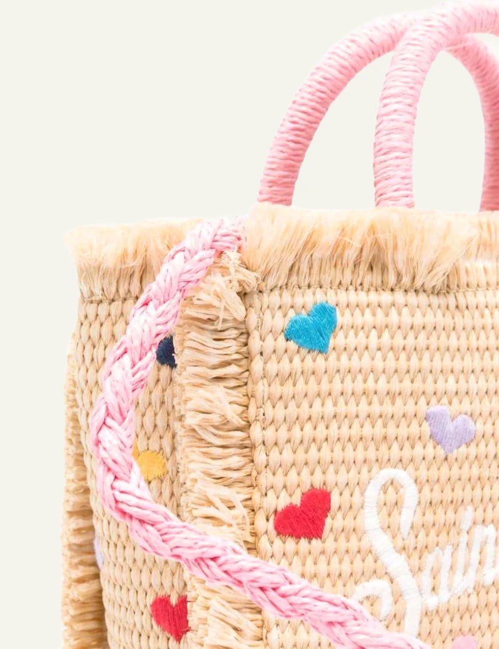 MC2 St Barth vanity mini straw bag hearts embroidery pink handle front detail view