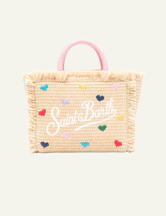 MC2 St Barth vanity mini straw bag hearts embroidery pink handle front view