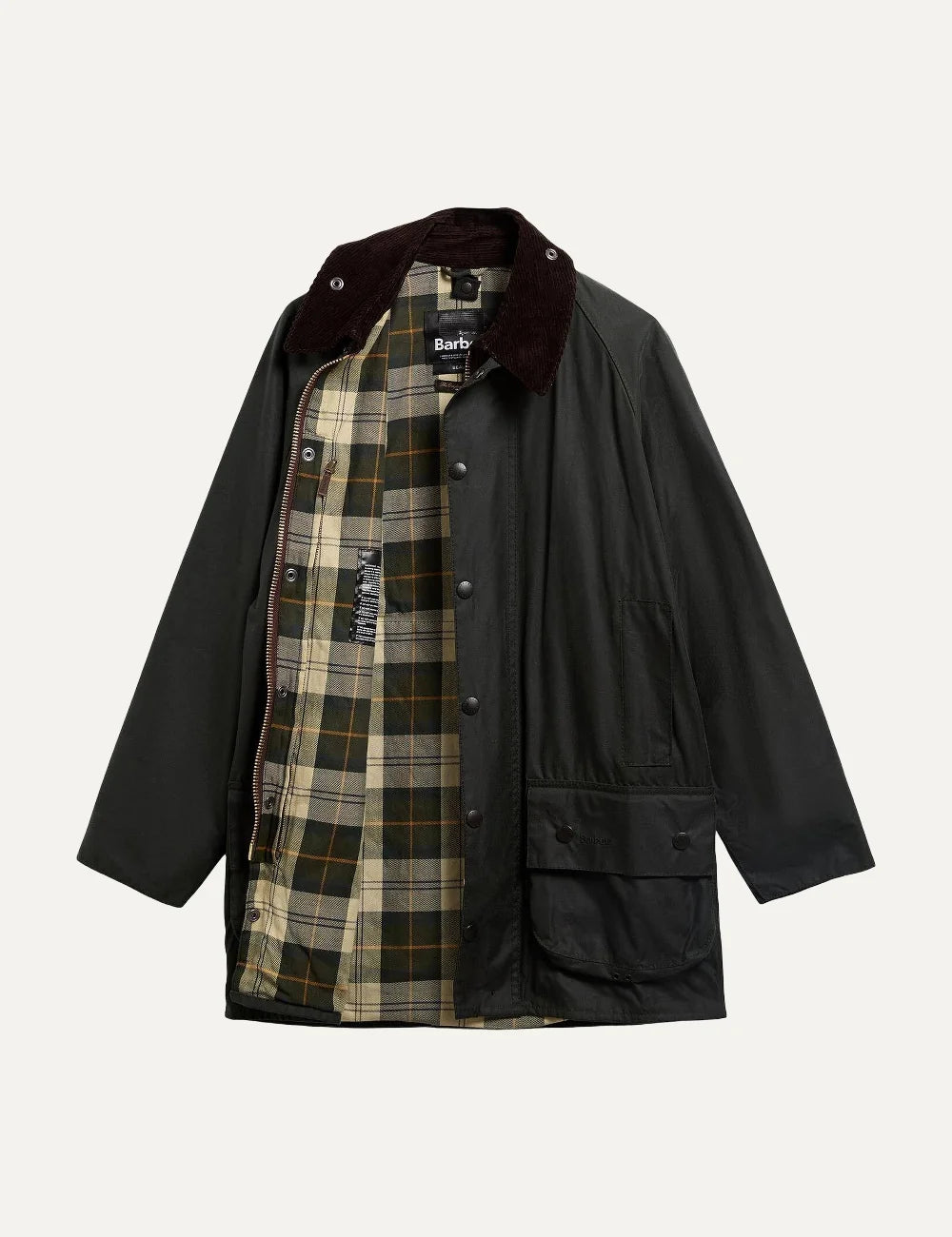Men's Barbour Beaufort waxed cotton jacket with corduroy collar, Classic Barbour tartan lining, two-way zip and utility pockets product shot
