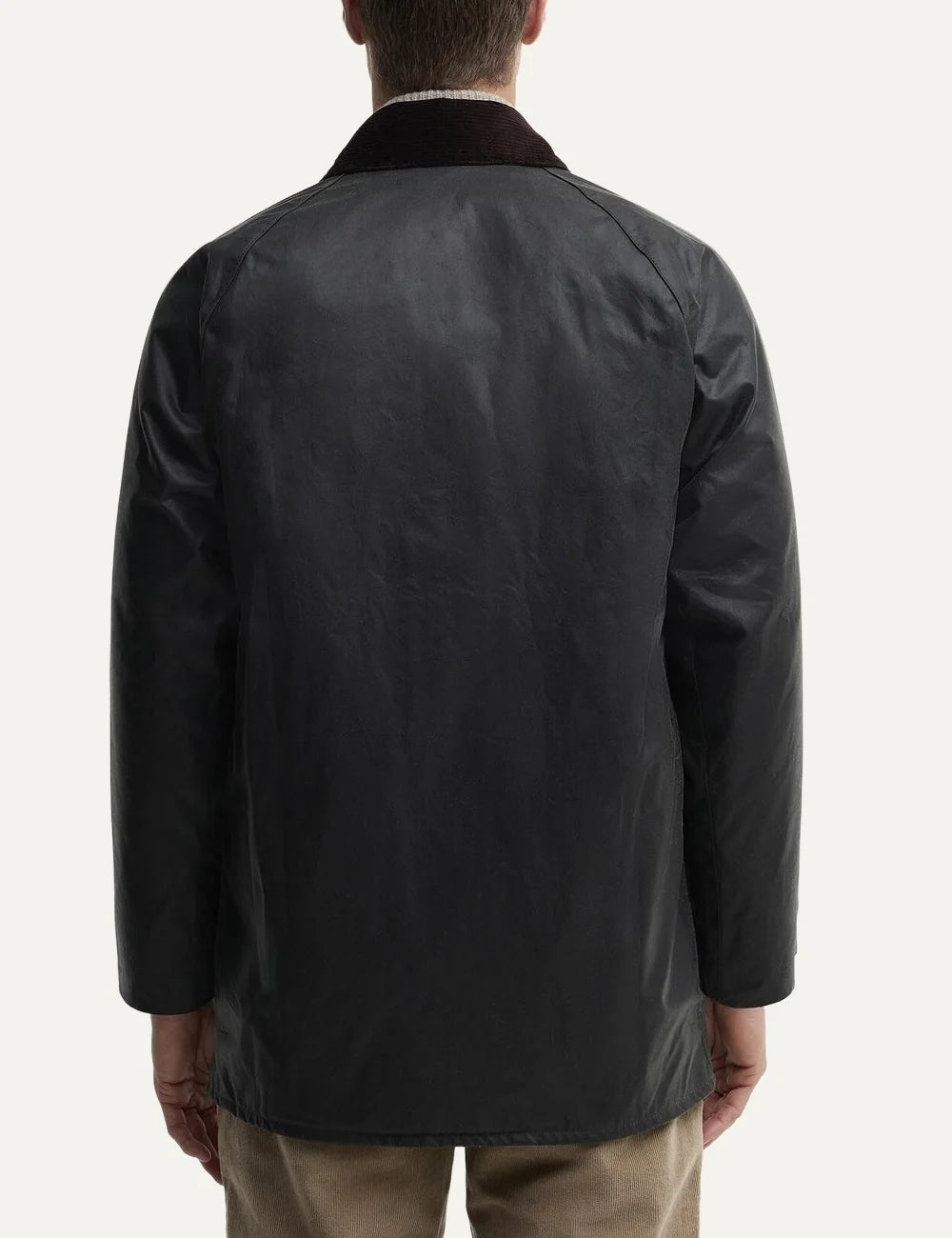 Men's Barbour Beaufort waxed cotton jacket with corduroy collar, Classic Barbour tartan lining, two-way zip and utility pockets back view