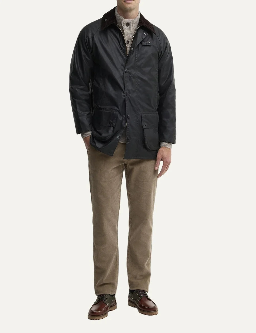 Men's Barbour Beaufort waxed cotton jacket with corduroy collar, Classic Barbour tartan lining, two-way zip and utility pockets full look