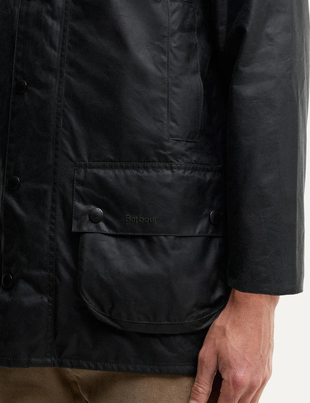 Men's Barbour Beaufort waxed cotton jacket with corduroy collar, Classic Barbour tartan lining, two-way zip and utility pockets details pocket
