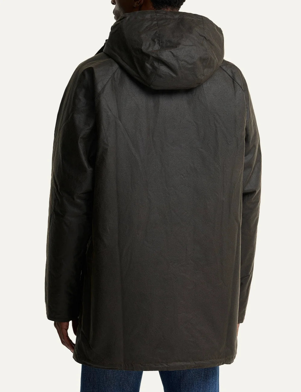 Men's Barbour Bedale dark olive waxed cotton parka with fixed hood, tartan lining, storm placket and bellow pockets back view