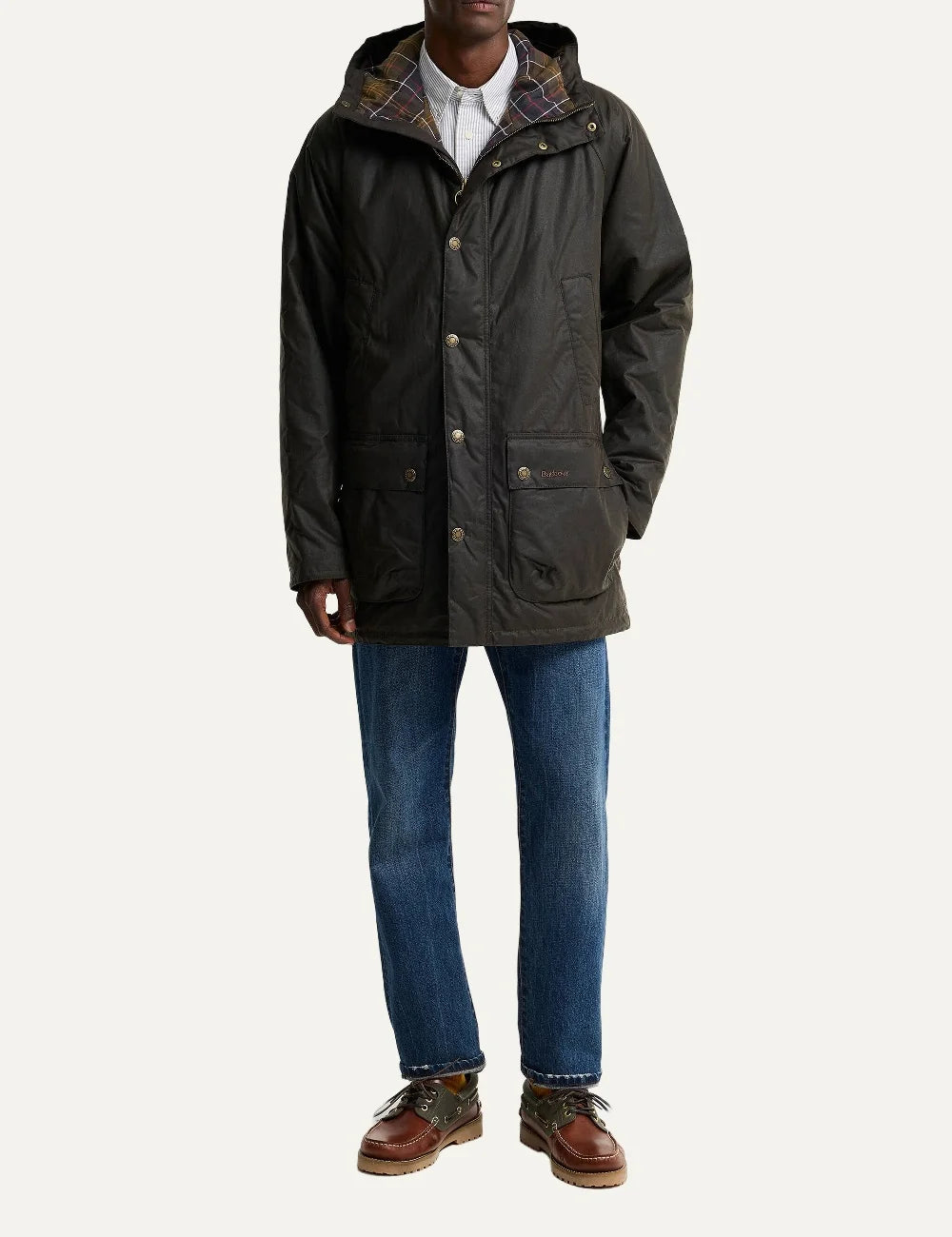 Men's Barbour Bedale dark olive waxed cotton parka with fixed hood, tartan lining, storm placket and bellow pockets full look