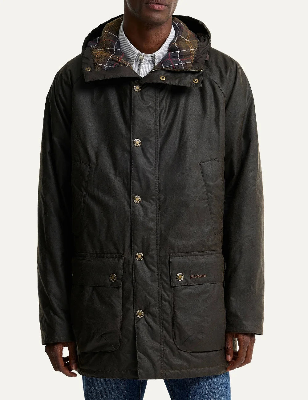 Men's Barbour Bedale dark olive waxed cotton parka with fixed hood, tartan lining, storm placket and bellow pockets front view