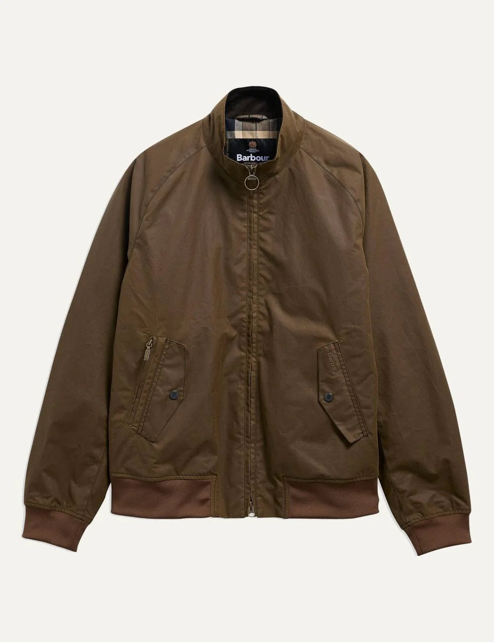Men's Barbour Chelsea Blouson brown waxed cotton jacket with ribbed cuffs and hem, zip fastening and tartan lining produt shot