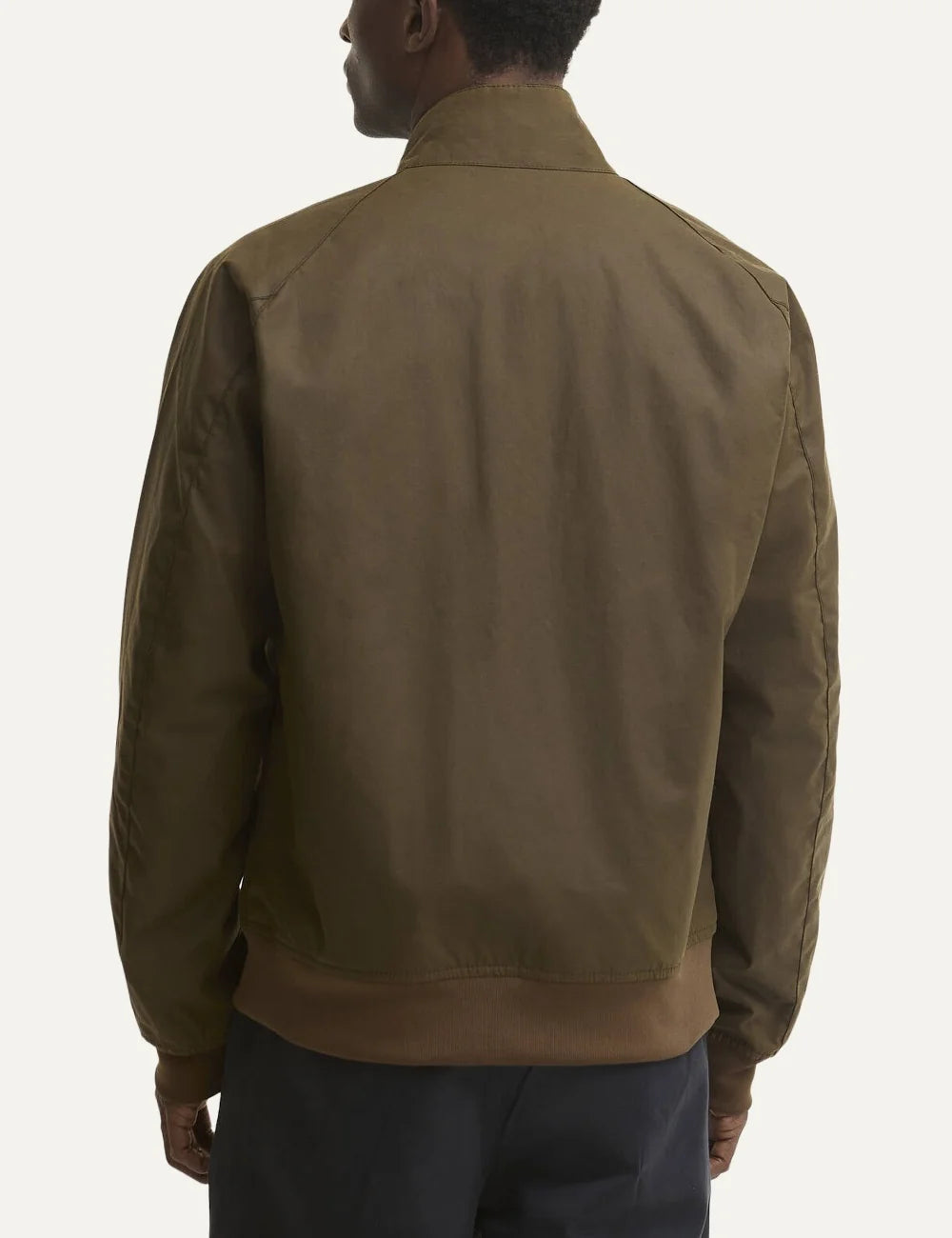 Men's Barbour Chelsea Blouson brown waxed cotton jacket with ribbed cuffs and hem, zip fastening and tartan lining back view